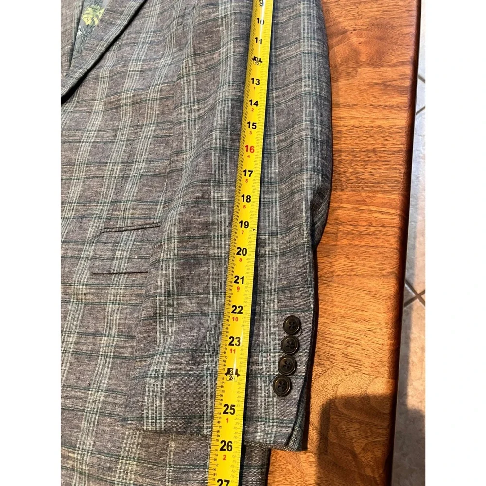 Alan Flusser Mens 44R Blue Plaid Linen Blend Sport Coat Blazer Tropical Preppy